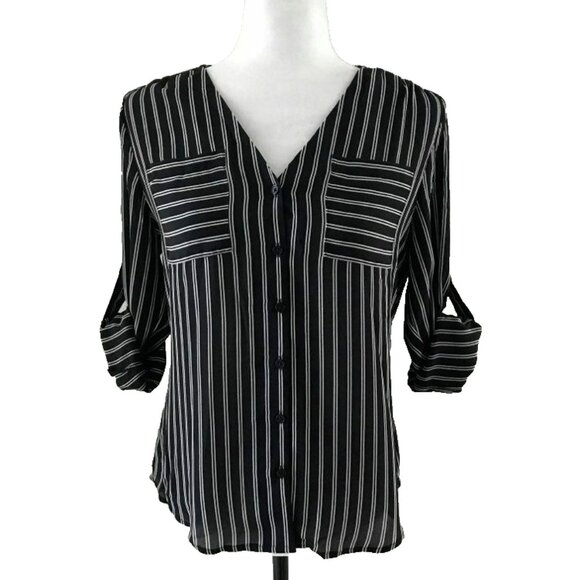 EXPRESS Roll Up Sleeve Blouse Top Size XS Black White Striped V Neck - Picture 1 of 6
